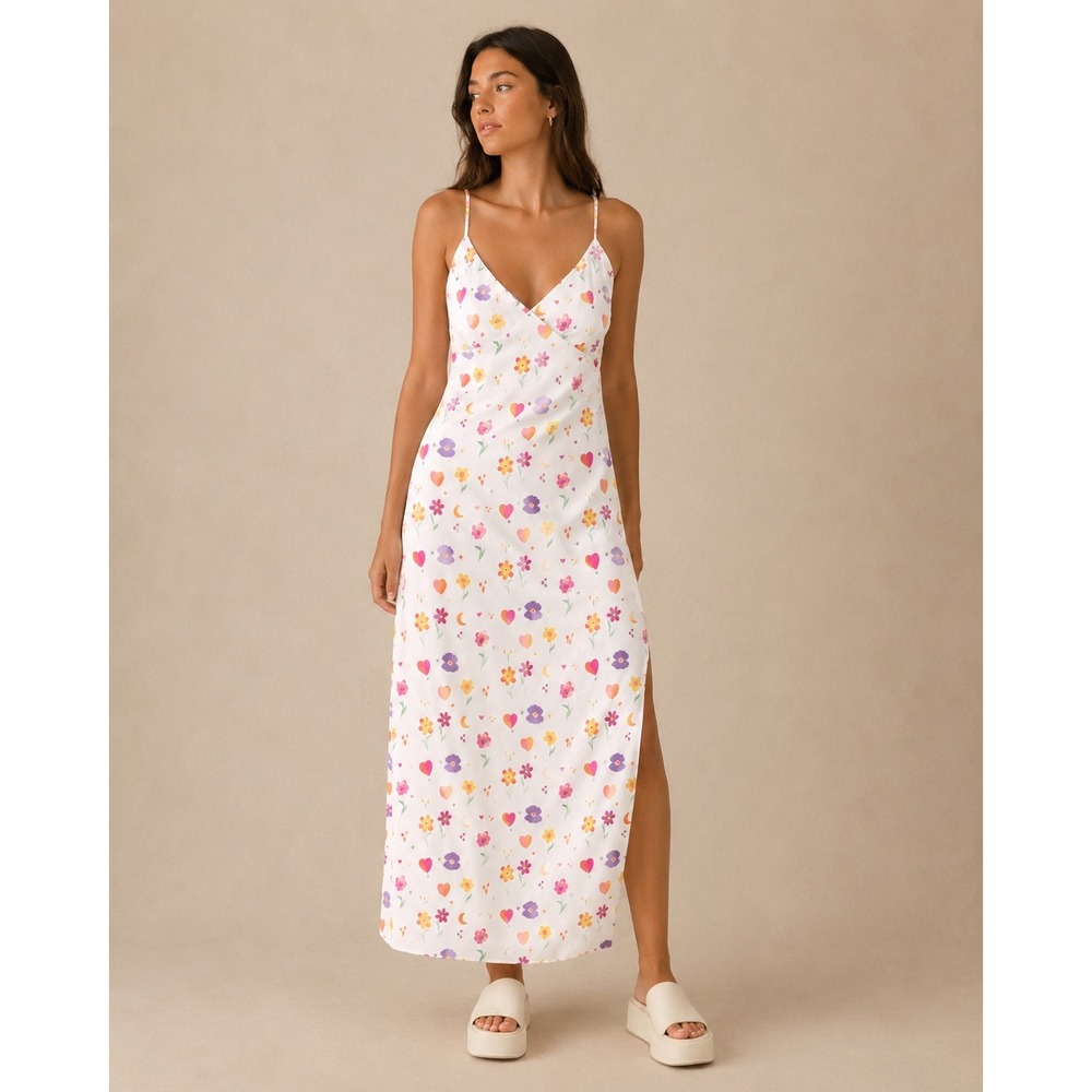 Princess Polly My Love Maxi Dress White Multi Floral Heart Moon Satin US 4 NEW
